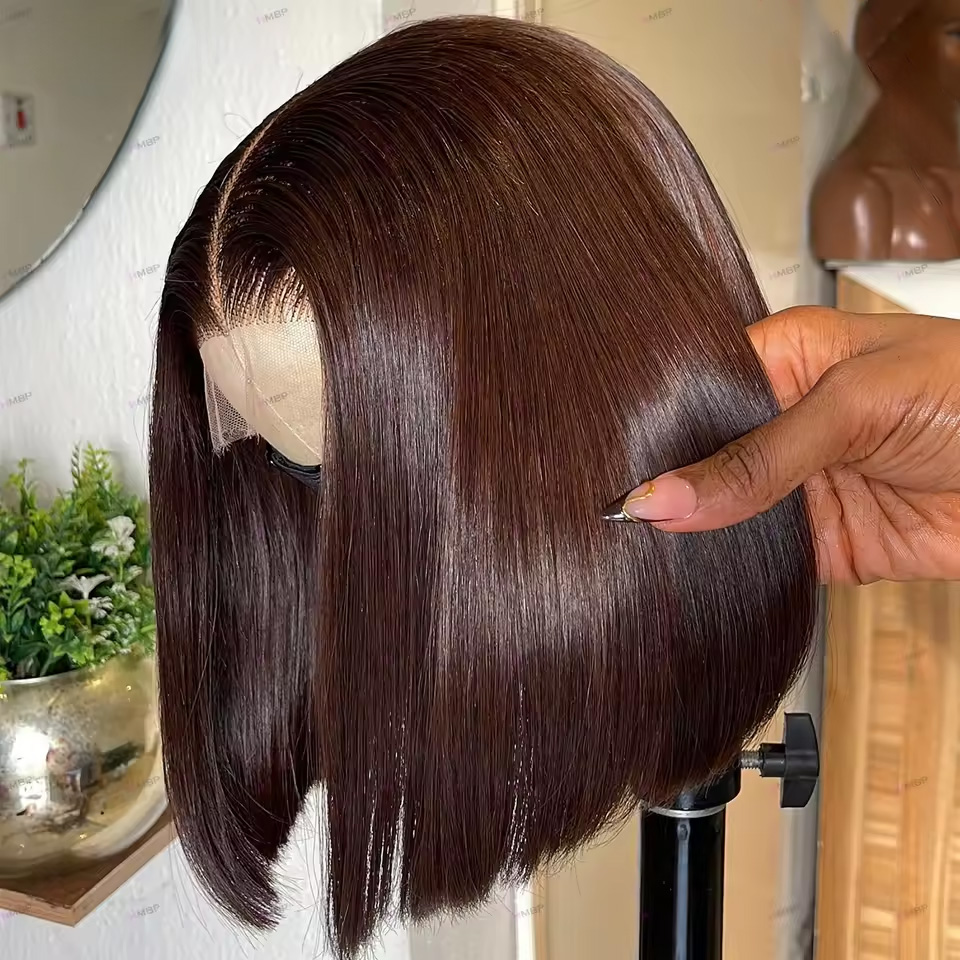 Glueless Wear And Go Human Hair Wig - 13X4 chocoladebruine rechte bobpruik 4X4 zijdeachtige