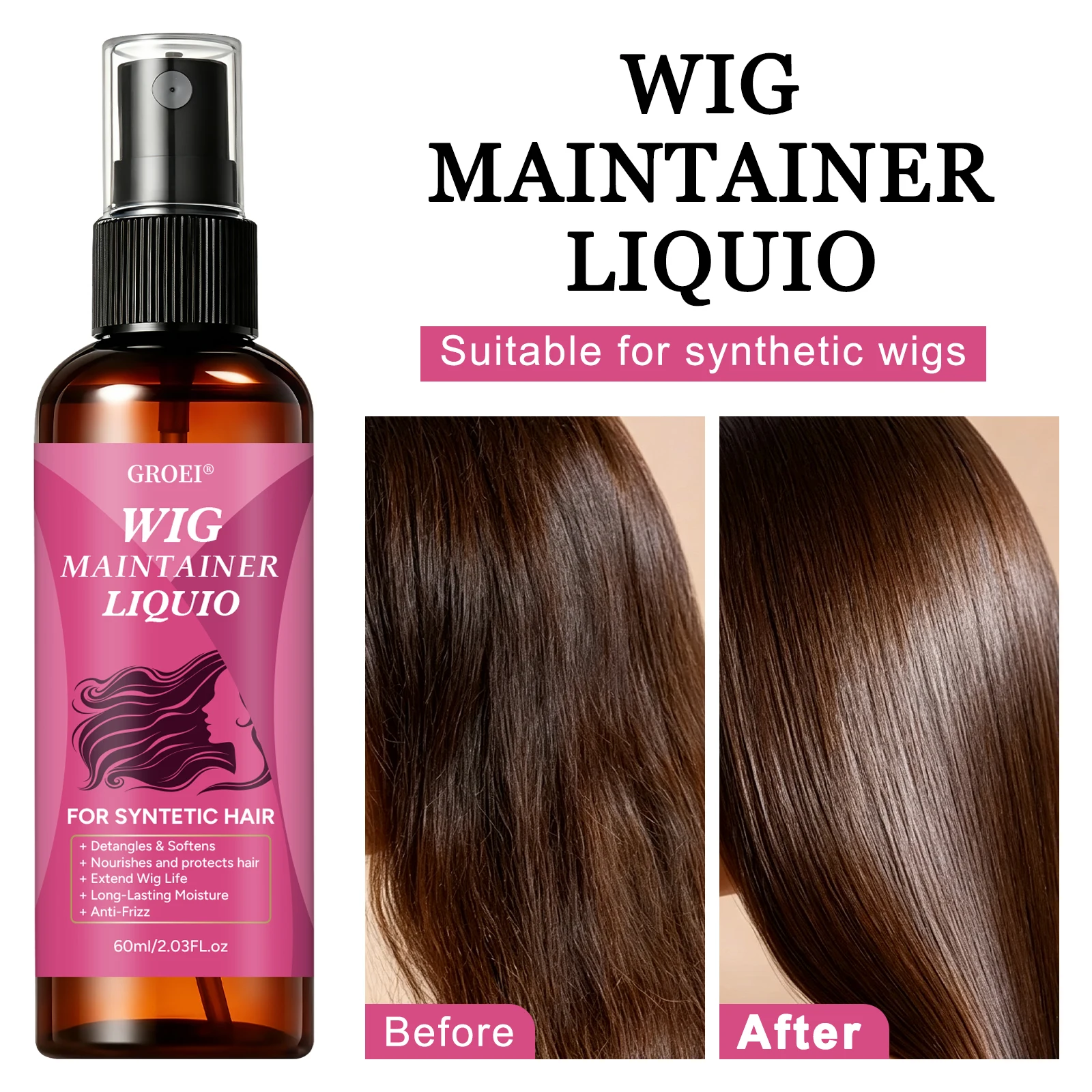 Synthetic Wigs - GROEI Anti-Frizz Haarverzorgingsspray 60ml, Ontklikkende Hydraterende