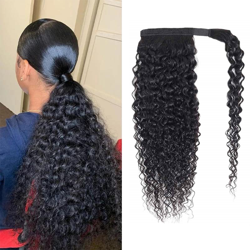 Seamless Clip In Hair Extensions Human Hair - Kinky krullende paardenstaart haarverlenging, omwikkelbare paardenstaart