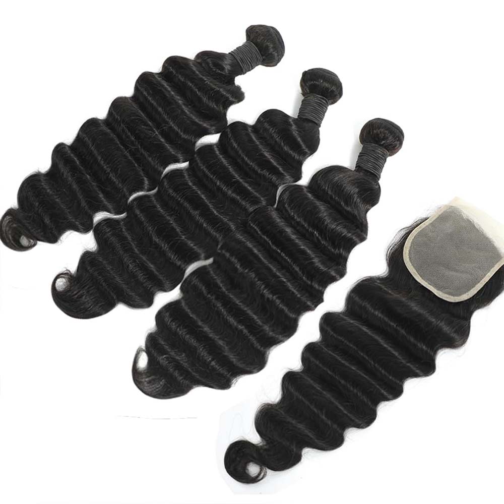 Deep Wave 3 Bundles With Closure - Rauwe losse deep wave haarbundels van