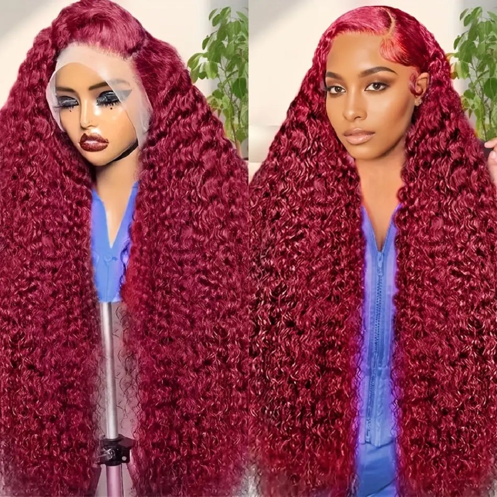 Human Hair Wigs - 200 Density Burgundy Deep Wave Haarwerk
