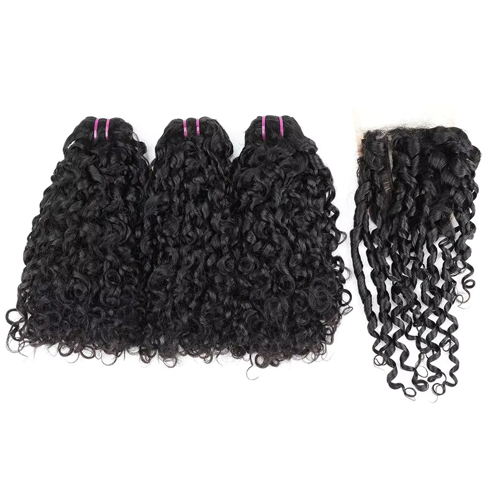 Deep Wave 3 Bundles With Closure - Pixie Curl Haarbundels met Sluiting Diep