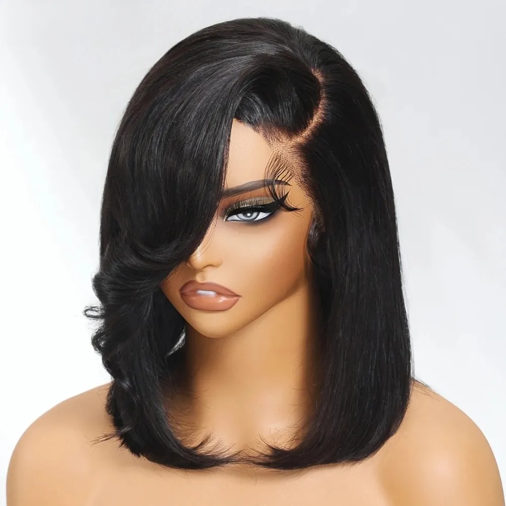 Zwarte korte bob rechte kant-e - Pre Parted 13X4 Lace Front Bob Wig recensie en prijs